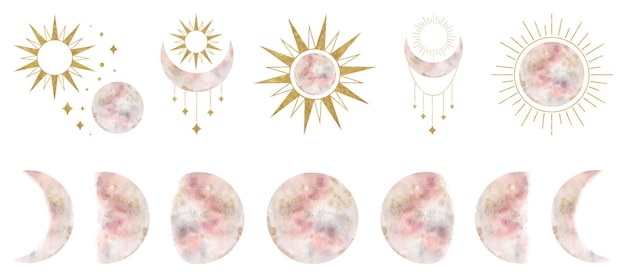 벡터 반달 달 태양 꽃 요소의 세트 달 태양과 고립 된 수채화 일러스트레이션