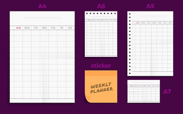 구겨진 4 개의 Standart 빈 주간 플래너 시리즈 A 형식 용지 세트
