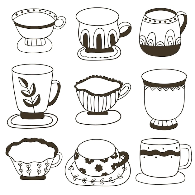 お茶やコーヒーとカップのセット飲み物でいっぱいのマグカップのコレクション飲み物のためのかわいい食器