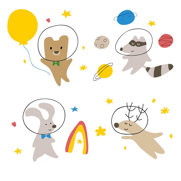 宇宙のかわいい動物のセット。子供のための手描きのベクトル イラスト。