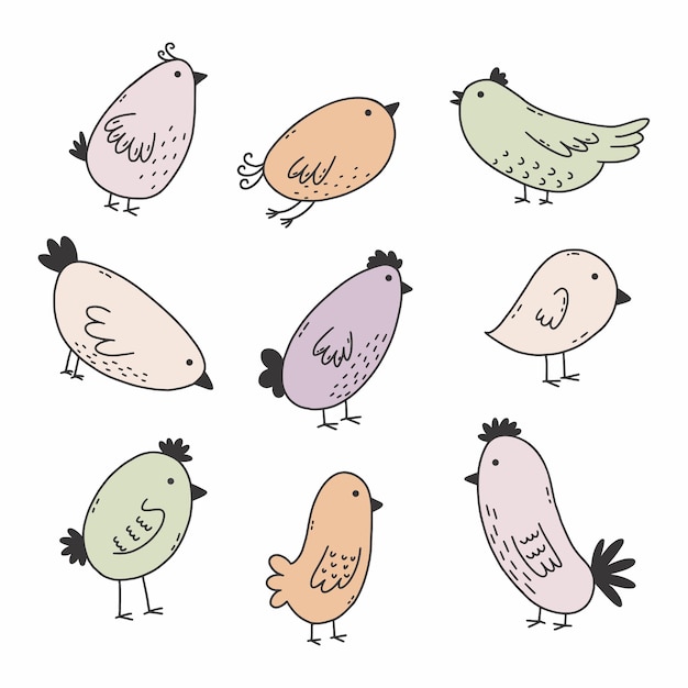 Набор милых птиц векторные каракули иллюстрации элементы эскиза для открытки