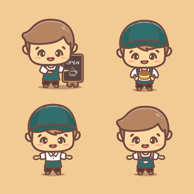 かわいい男の子バリスタコーヒーウェア制服マスコットキャラクターのセットです。カワイイ漫画ベクトル