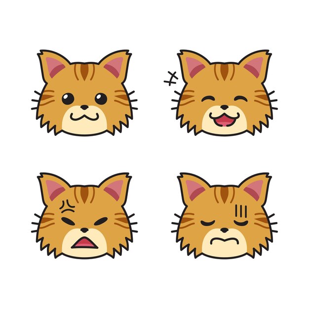 Набор милых коричневых кошачьих мордочек, показывающих разные эмоции