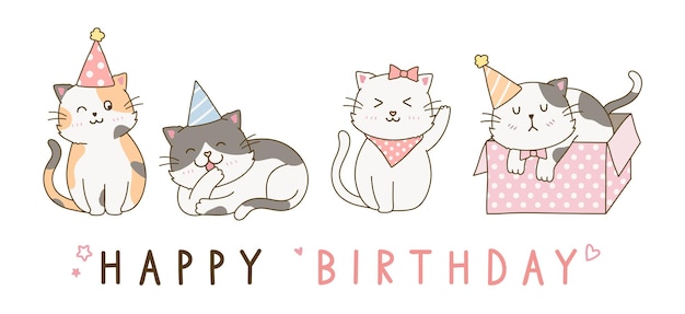 お誕生日おめでとうの挨拶を祝うかわいい猫のセット落書き描画漫画イラストバンドルvol3