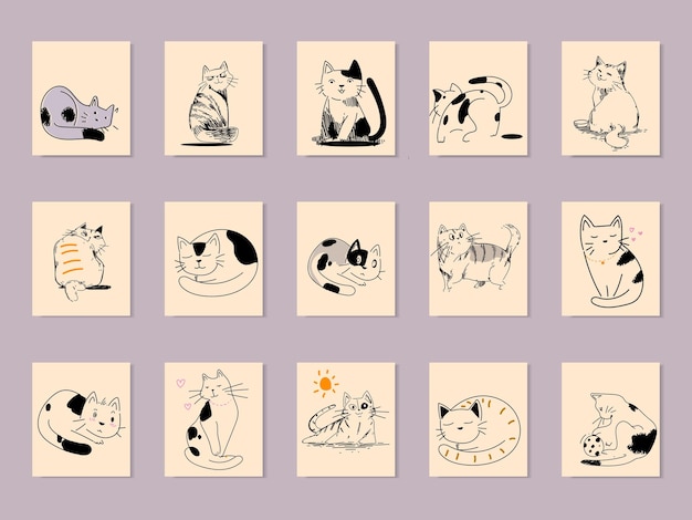 かわいい猫のポーズのベクトル図のセット変な顔の猫と遊び心のあるペットの漫画の肖像画