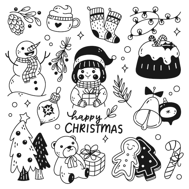 Набор милых рождественских рисунков, изолированные на белом фоне