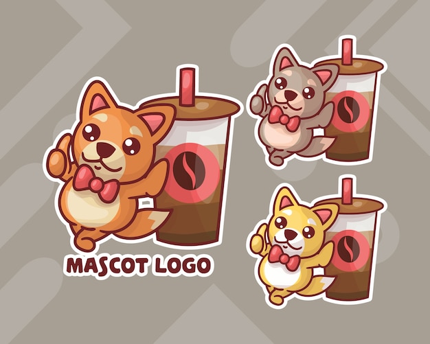 Набор симпатичного кофе и логотипа талисмана собаки с дополнительным внешним видом.