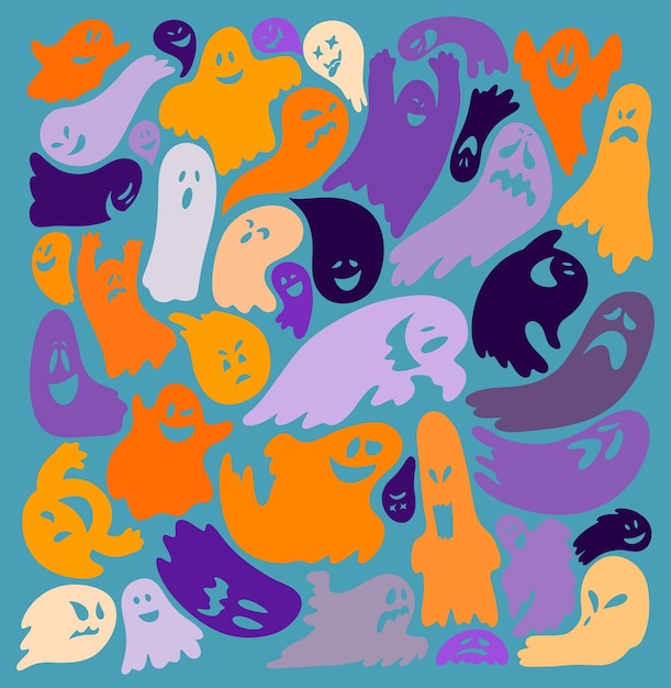 Вектор Набор милых цветных призраков плоский шаблон элементов призраков хэллоуина коллекция милых смешных счастливых