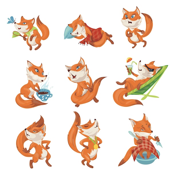 Набор милых красочных персонажей лисы в разных действиях и позах