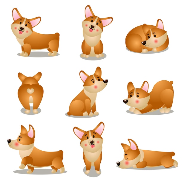 さまざまな日常の状況でかわいいコーギー犬のキャラクターのセット