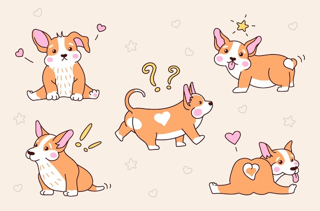 さまざまなポーズのかわいいコーギー子犬のセット。漫画スタイルのベクトル図