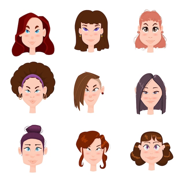 Набор милых плоских женских аватарок с разными прическами