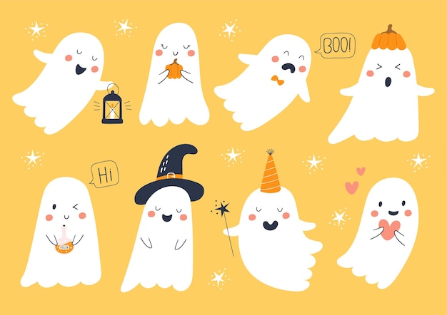 さまざまな感情や顔の表情を持つかわいい幽霊のセット ハロウィーンのベクトル イラスト