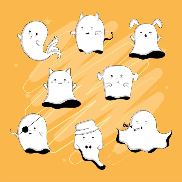 かわいいハロウィーンのゴーストキャラクターのセット ベクトルイラスト