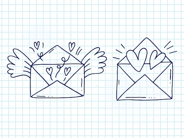 사랑에 대한 귀여운 손으로 그린 낙서 요소 세트 앱용 메시지 스티커 발렌타인 데이 로맨틱 이벤트 및 결혼식을 위한 아이콘 체크 무늬 노트북 연애 편지와 날개가 있는 봉투