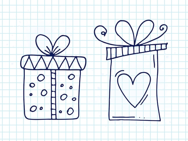 사랑에 대한 귀여운 Handdrawn 낙서 요소 세트 앱용 메시지 스티커 발렌타인 데이 로맨틱 이벤트 및 결혼식을 위한 아이콘 체크 무늬 노트북 리본과 하트 장식이 있는 선물 상자