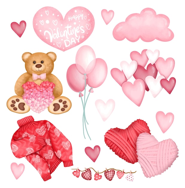 발렌타인 데이에 대한 귀여운 삽화 세트(공기 풍선, 하트, 심장이 있는 곰, 빨간 스웨터)