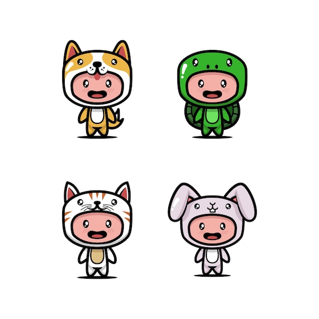 Набор милых детей с иллюстрацией значка дизайна костюма животных