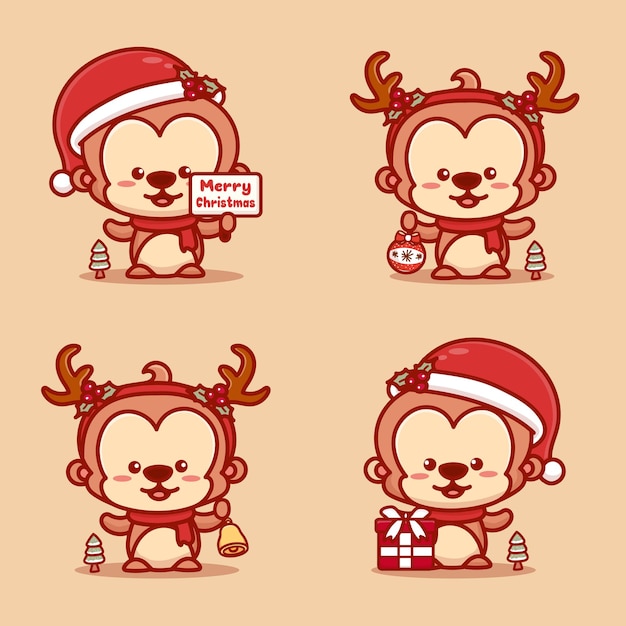 クリスマスを祝うかわいい猿のセットです。ギフト、ジングルベル、メリークリスマスのテキストを保持しています。