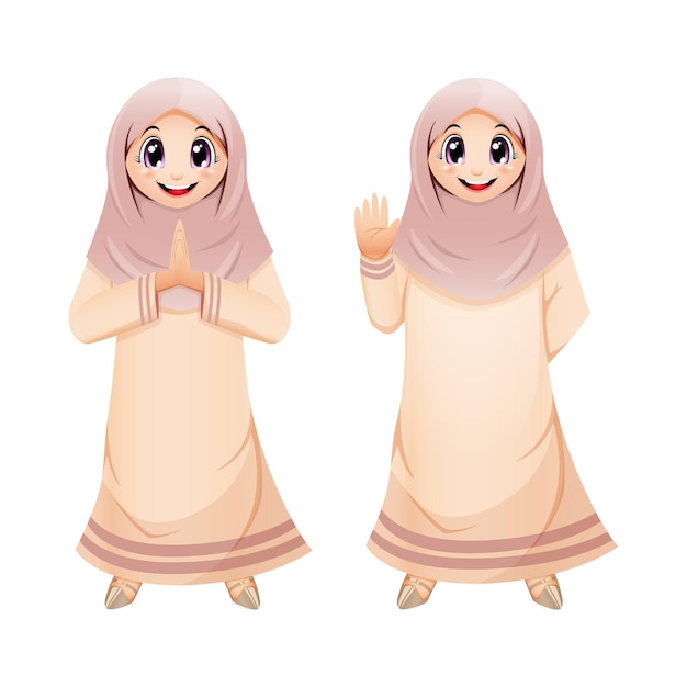 Набор милых мусульманских девушек, стоящих и приветствующих салам