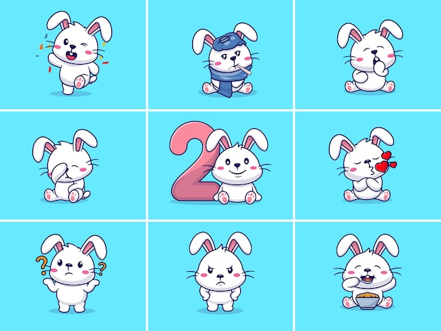 ベクトル さまざまな絵文字を持つかわいいウサギのキャラクターのセット