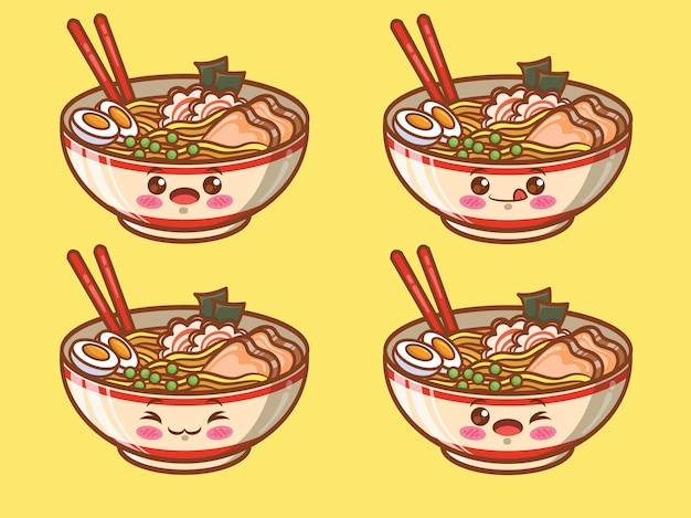 かわいいラーメン日本食のセット。漫画のキャラクターとイラスト