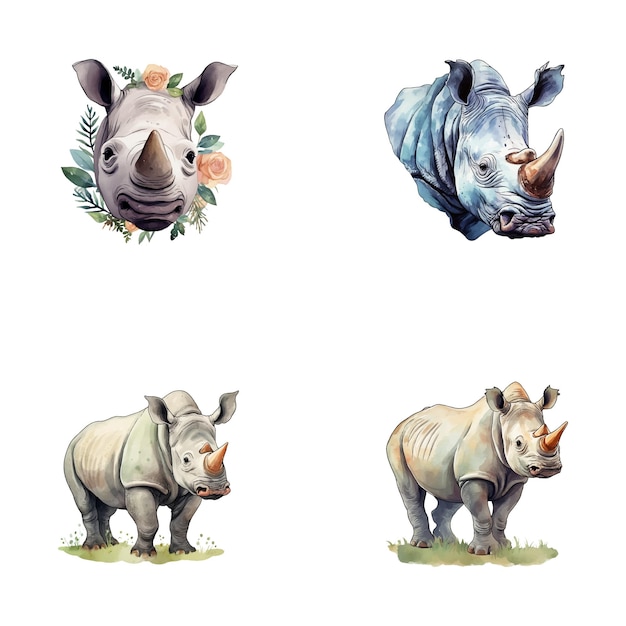 Вектор Набор милых акварельных иллюстраций носорогов сафари джунгли животные вектор