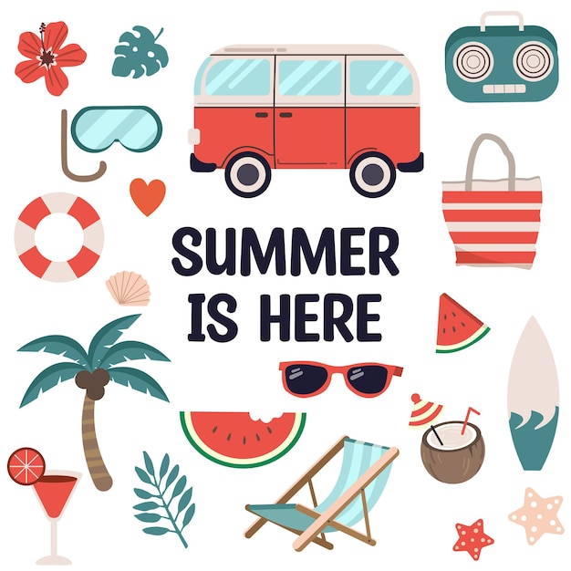 Вектор Набор милых летних икон, еда, напитки, пальмовые листья, фрукты и фламинго, яркие элементы вечеринки