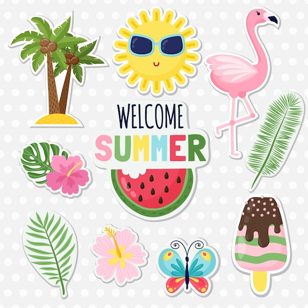 벡터 귀여운 여름 스티커 세트입니다. 귀여운 큰부리새, 아이스크림, 수박, 파인애플, 레몬, 바나나, 칵테일. 여름 카드, 포스터 또는 파티 초대장 디자인