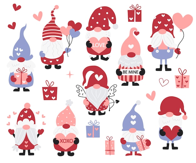 Набор милых гномов валентина. иллюстрация для поздравительных открыток, рождественских приглашений и футболок