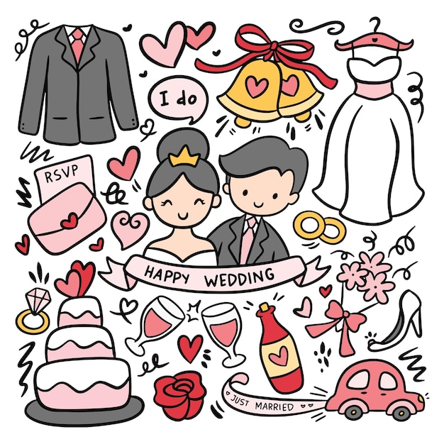 Набор милых свадебных каракулей векторной иллюстрации