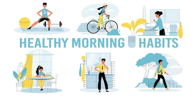 子供のための毎日の健康的な朝の習慣のセットベクトルイラスト