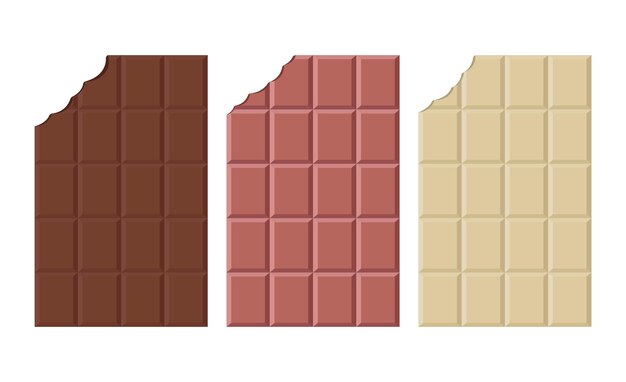 Набор темного, молочного и белого шоколада на белом фоне. плоские векторные иллюстрации
