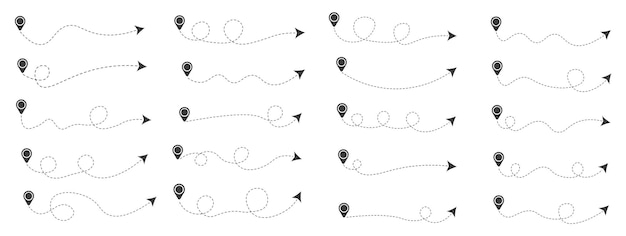 벡터 위치 아이콘이 있는 점선 화살표 세트