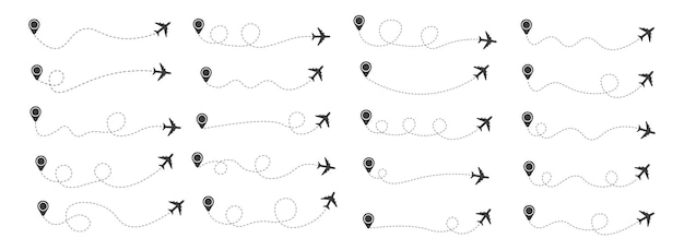 위치 아이콘이 있는 점선 종이 비행기 경로 세트