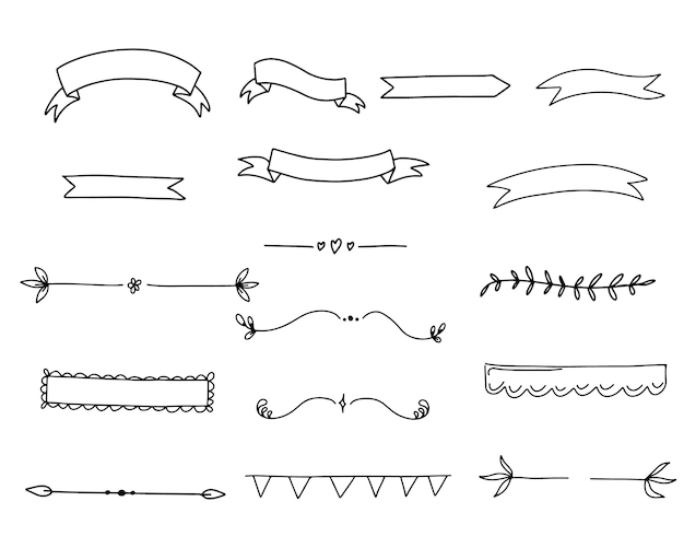 ベクトル 装飾的な落書き線の仕切りテキストのリボン バナーのセット手描きのスケッチ要素