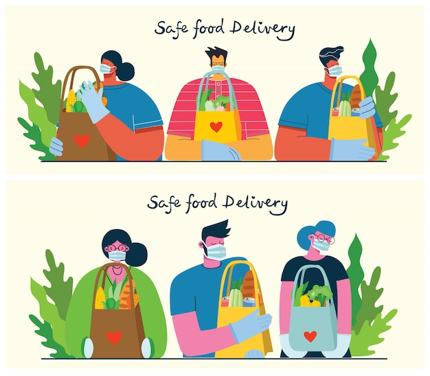 Набор работника службы доставки, люди доставляют еду, еду и товары. иллюстрация концепции безопасной доставки.