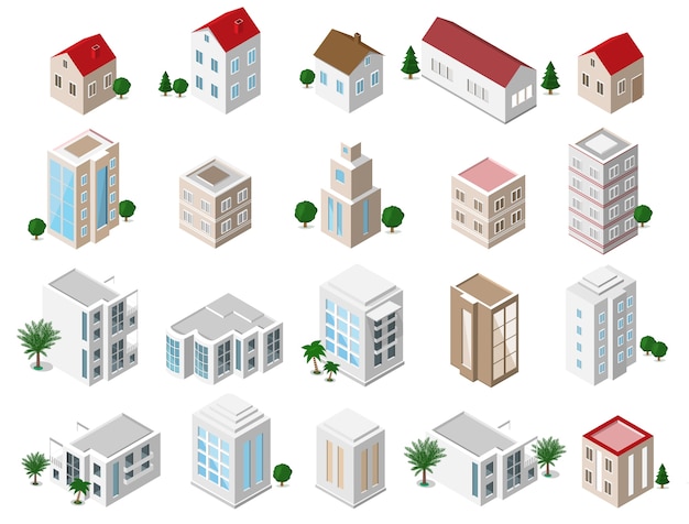 Набор подробных изометрических городских построек: частные дома, небоскребы, недвижимость, общественные здания, отели. коллекция икон здания