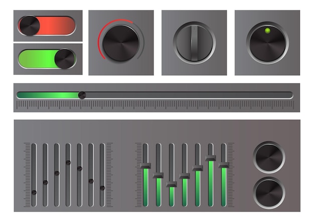 상세한 웹 버튼, 노브, Ui 슬라이더 및 이퀄라이저 세트