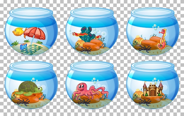Набор различных аквариумных баков, изолированные на прозрачном фоне