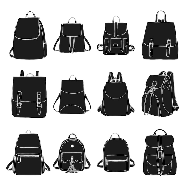 異なるバッグのセット男性女性と白い背景で隔離のユニセックスバッグスケッチスタイルのベクトル図