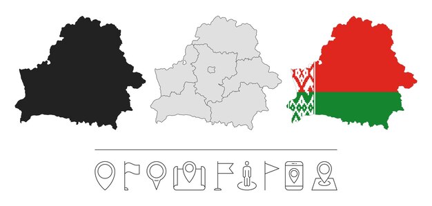 Вектор Набор различных карт беларуси с национальным флагом иконки навигационной линии векторная иллюстрация