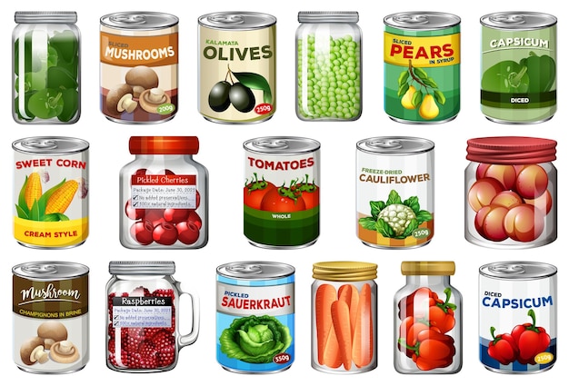Вектор Набор различных консервов и продуктов питания в изолированных банках