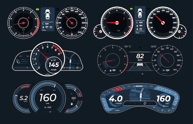 Вектор Набор различных автомобильных приборных панелей с датчиками измерение скорости автомобиля и оборотов двигателя