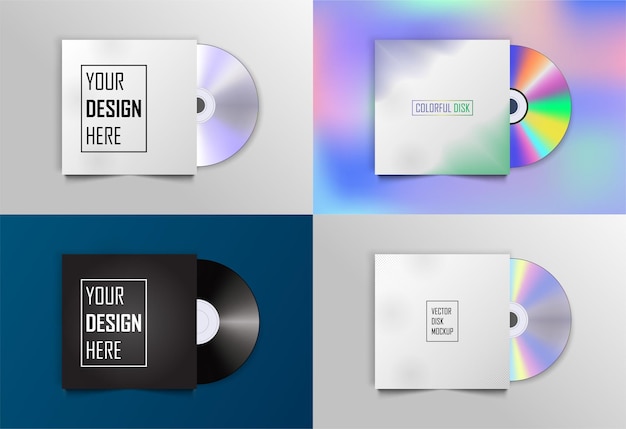 異なる cddvd コンパクト ディスク アルバムと背景に影を持つ空の紙ケース テンプレートのセット