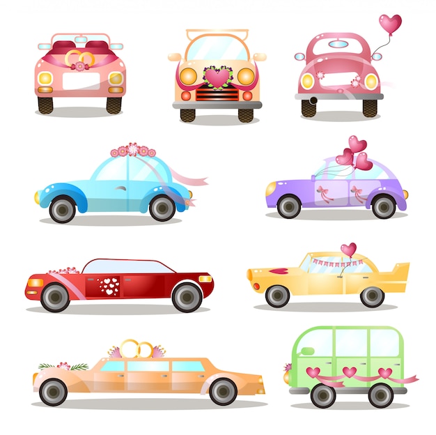 Набор различных красочных свадебных или праздничных автомобилей, городских улиц