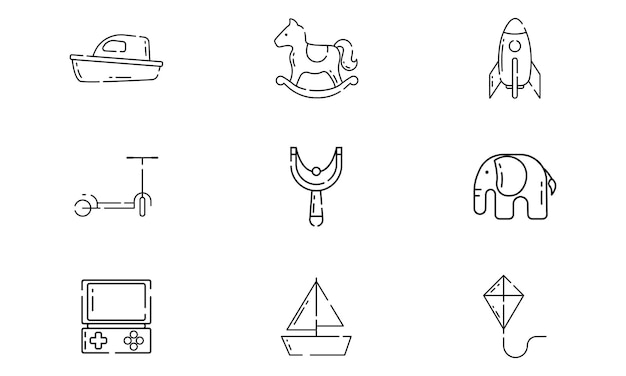 Набор различных иконок плоских игрушек. векторная иллюстрация