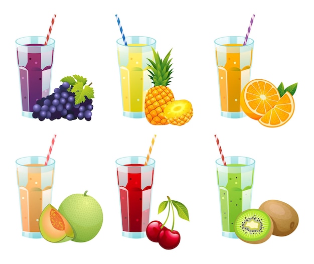 Вектор Набор различных свежих фруктовых соков в очках иллюстрации
