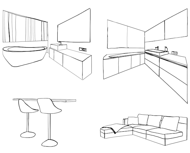 벡터 다른 인테리어 손으로 그린 스케치 세트 주방 거실 욕실 침실 직장
