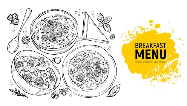 ベクトル 朝食用のさまざまなお粥のセット メニューの手描きベクター スケッチ